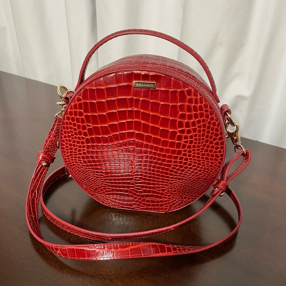 Brahmin Red Crossbody Bag with Adjustable Strap and Unique Shape